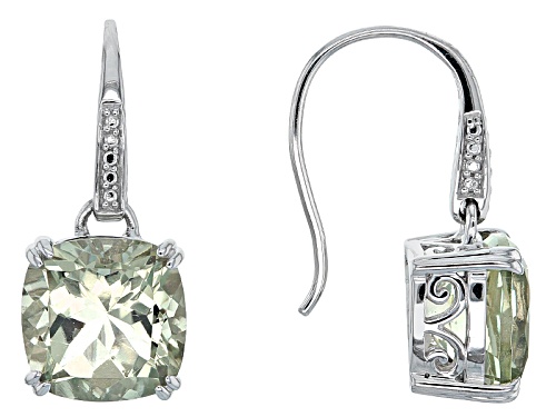 6.90ctw Square Cushion Green Prasiolite Rhodium Over Sterling Silver Dangle Earrings