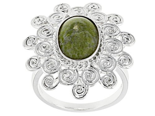 Artisan Collection Of Ireland™ 12x10mm Oval Connemara Marble Silver Newgrange Swirl Design Ring - Size 8
