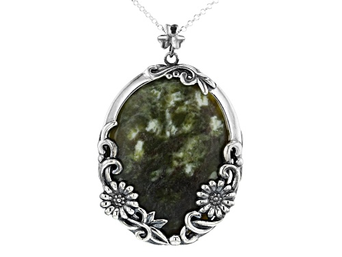 Artisan Collection Of Ireland™ 35x27mm Oval Connemara Marble Sterling Silver Floral Pendant W/ Chain