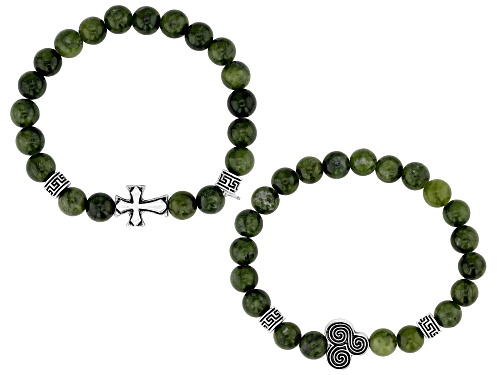Artisan Collection of Ireland™ 8mm Connemara Marble Silver Tone Set of 2 Stretch Celtic Bracelet