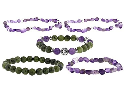 Artisan Collection of Ireland™ Connemara Marble, Iolite, Amethyst & Quartz Stretch Bracelet Set of 5