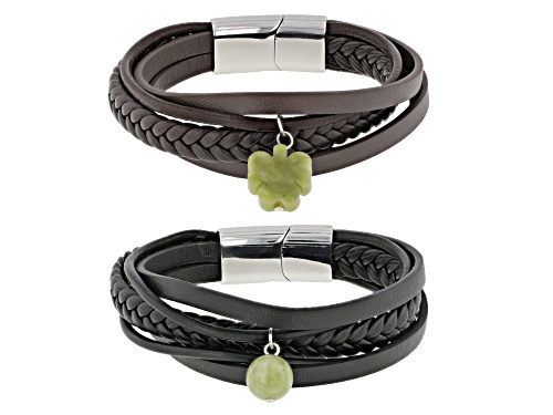 Artisan Collection of Ireland™ Connemara Marble Silver Tone Set of 2 Mens Leather Bracelets - Size 8