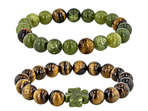 Artisan Collection of Ireland™ Connemara Marble & Tigers Eye Elastic Set of 2 Mens Bracelets