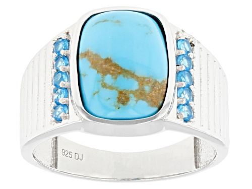 Photo of 14x10mm Kingman Turquoise With 0.35ctw Neon Apatite Rhodium Over Sterling Silver Men's Ring - Size 10