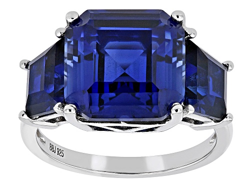 6.80ct Rectangular Octagonal And 3.74ctw Baguette Lab Blue Sapphire Rhodium Over Silver 3-Stone Ring - Size 7