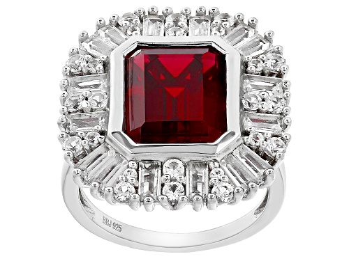 6.55ct Lab Created Ruby With 2.30ctw Lab Created White Sapphire Rhodium Over Silver Ring - Size 8