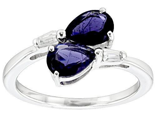 .98ctw Pear Shape Iolite With .18ctw Baguette White Zircon Rhodium Over Sterling Silver Bypass Ring - Size 8