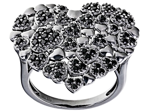 0.81ctw Round Black Spinel, Black Rhodium Over Sterling Silver Heart Ring - Size 7