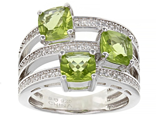 Photo of 2.59ctw Manchurian Peridot™ And 0.20ctw White Zircon Rhodium Over Sterling Silver Multi-Row Ring - Size 10