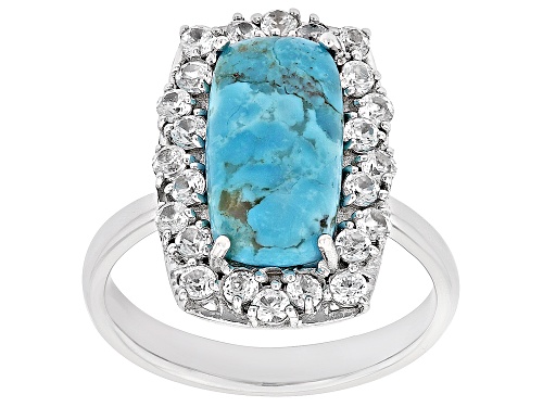 Photo of 14x7mm Cushion Turquoise with 1.32ctw White Zircon Rhodium Over Silver Ring - Size 8