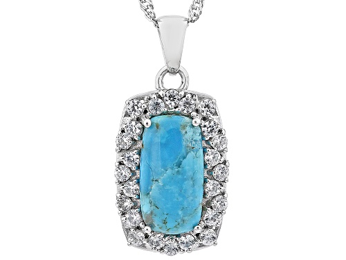 14x7mm Cushion Turquoise With 1.32ctw White Zircon Rhodium Over Silver Pendant Chain
