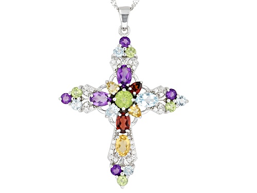 5.18ctw Mixed Shape Multi-Gemstone Rhodium Over Sterling Silver Cross Pendant With Chain