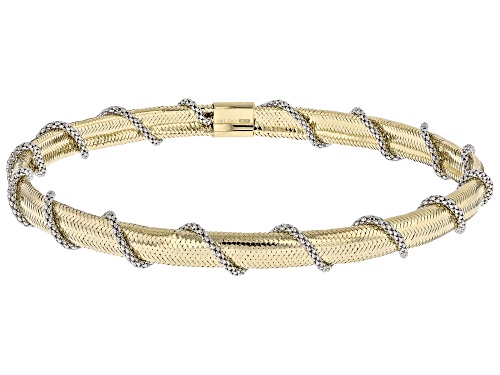 Splendido Italian Jewelry™ 10k Yellow Gold Mesh Omega Stretch Bracelet with Rhodium Plated Popcorn - Size 7