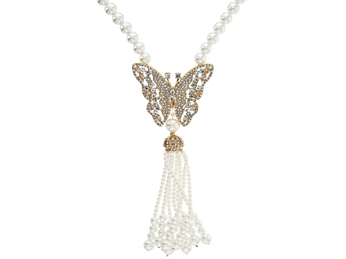 Photo of Joan Boyce, Pearl Simulant and White Crystal Butterfly Tassel Gold Tone Necklace