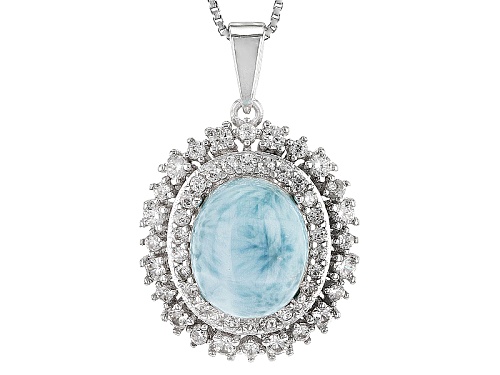 Photo of 12x10mm Oval Cabochon Larimar With 1.15ctw Round White Zircon Sterling Silver Pendant With Chain