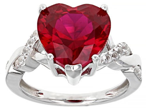 7.64ct Heart Shape Lab Created Ruby With .23ctw Round White Topaz Rhodium Over Sterling Silver Ring - Size 8