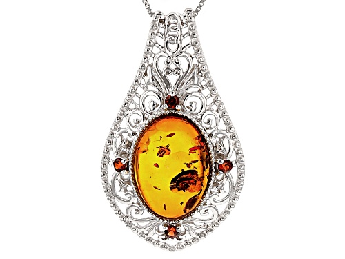 18x13mm Oval Amber And .31ctw Round Vermelho Garnet™ Rhodium Over Silver Pendant With Chain