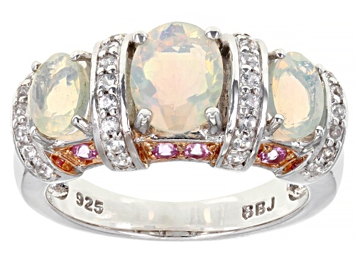 1.38ctw Oval Ethiopian Opal, .17ctw Pink Sapphire, .40ctw White Zircon Rhodium Over Silver Ring - Size 9
