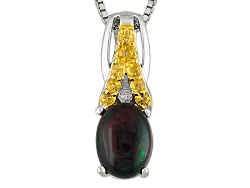 .64ct Oval Cabochon Black Ethiopian Opal And .09ctw Round Citrine Silver Pendant With Chain