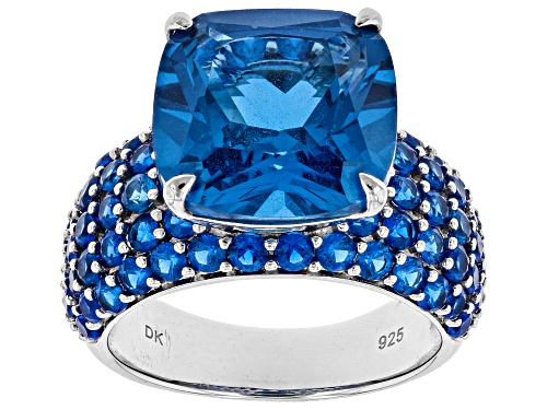 8.01ctw Square Cushion And Round Lab Created Blue Spinel Rhodium Over Sterling Silver Ring. - Size 9