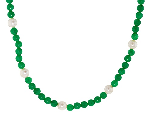 Pacific Style™ 7.5-8.5mm White Cultured Freshwater Pearl And 6mm Green Jadeite Silver Necklace - Size 36