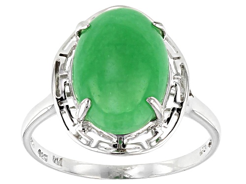 Photo of Pacific Style™ 10-14mm Oval Green Jadeite Rhodium Over Sterling Silver Solitaire Greek Key Ring - Size 12