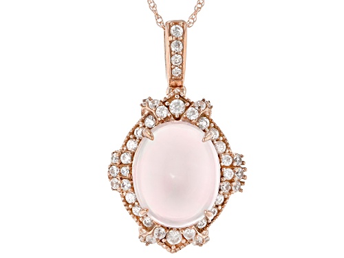 11x9mm Oval Cabochon Rose Quartz With 0.44ctw White Zircon 10k Rose Gold Pendant With Chain
