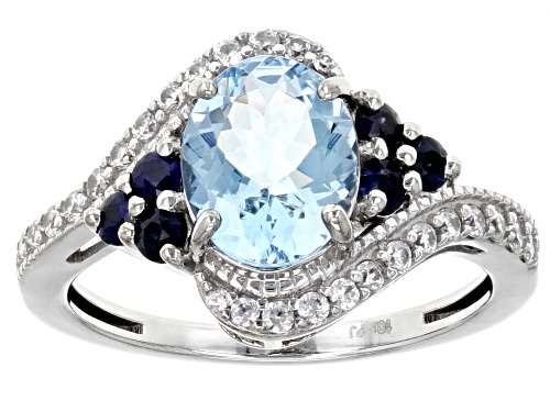 Photo of 1.55ct Oval Aquamarine With 0.61ctw Round Sapphire And White Zircon Rhodium Over 10k White Gold Ring - Size 7