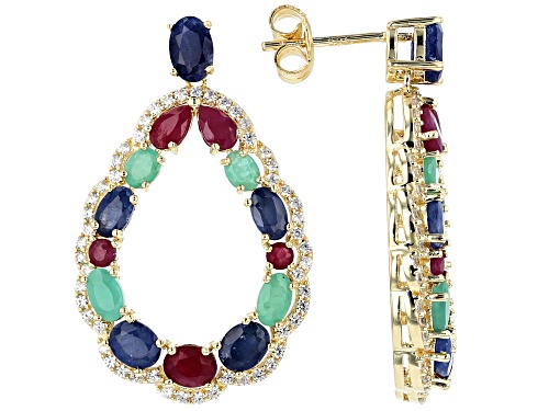 7.27ctw Mixed Shape Blue Sapphire, Emerald, Indian Ruby & White Zircon 18k Gold Over Silver Earrings