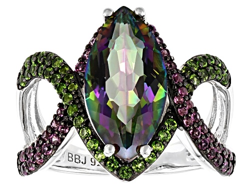 3.23ct Multi-Color Quartz With .39ctw Rhodolite And .32ctw Chrome Diopside Rhodium Over Silver Ring - Size 7