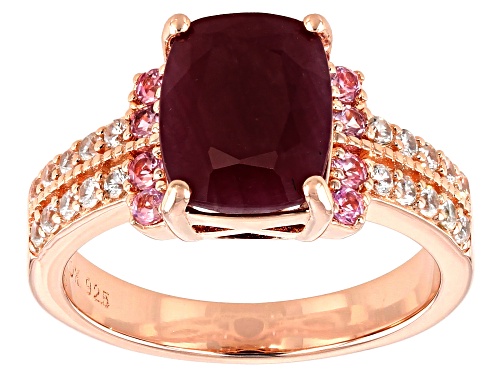 3.74ct Cushion Indian Ruby & .69ctw pink Sapphire & White Zircon 18k Rose Gold Over Silver Ring - Size 11