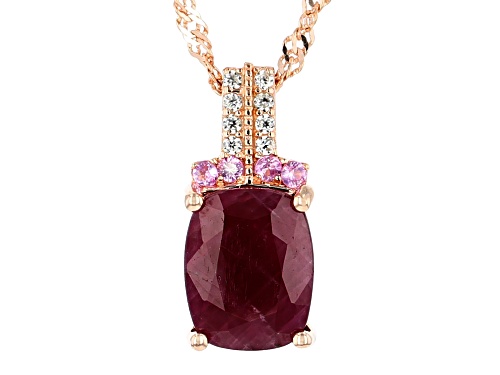 3.74ct Cushion Indian Ruby, .20ctw Pink Sapphire & White Zircon 18k Gold Over Silver Pendant W/Chain