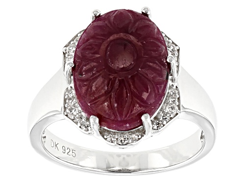 14x10mm Oval Carved Indian Ruby and .12ctw White Zircon Rhodium Over Sterling Silver Ring - Size 8