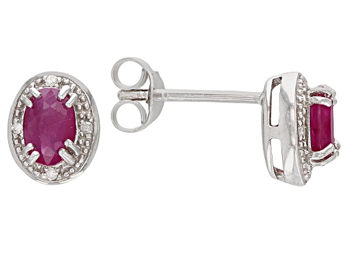 1.02ctw Burmese Ruby With .02ctw White Diamond Accent Rhodium Over Sterling Silver Stud Earrings