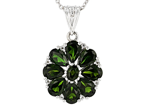 2.75ctw Oval & Pear Shape Chrome Diopside, .10ctw White Topaz Rhodium Over Silver Pendant W/Chain