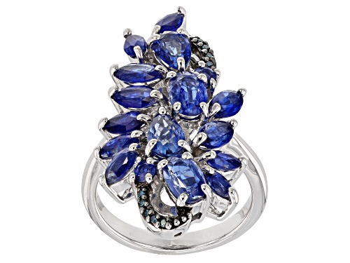 4.52CTW NEPALESE KYANITE WITH .03CTW ROUND BLUE DIAMOND ACCENT RHODIUM OVER SILVER RING - Size 9
