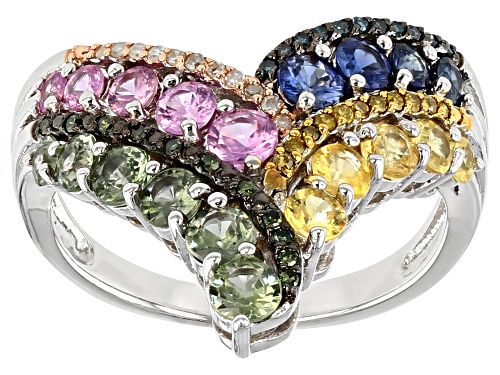 1.64ctw Multi-Sapphire with .12ctw Multi-color Diamond Accent Rhodium Over Silver Chevron Ring - Size 6