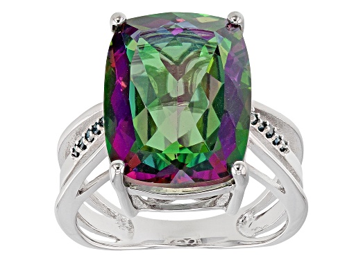 Photo of 9.27ct Cushion Mystic Fire(R) Green Topaz and .07ctw Blue Diamond Accent Rhodium Over Silver Ring - Size 8