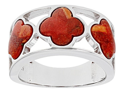 Photo of 7.5mm Quatrefoil Shape Coral Rhodium Over Silver Band Ring - Size 7