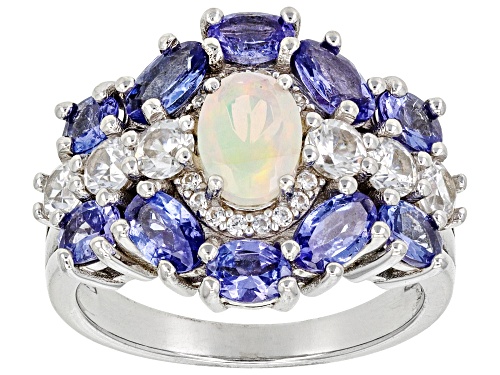 0.37ct Ethiopian Opal with 1.78ctw Tanzanite and 0.97ctw White Zircon Rhodium Over  Silver Ring - Size 6