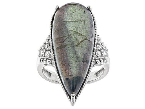 Photo of 30x12mm LABRADORITE WITH 0.31ctw WHITE ZIRCON RHODIUM OVER STERLING SILVER RING - Size 7