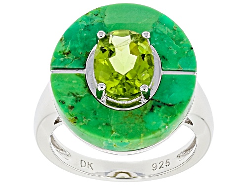 Photo of 1.62ct Oval Manchurian Peridot(TM) and 17x4mm Specialty Cut Green Turquoise Rhodium Over Silver Ring - Size 7