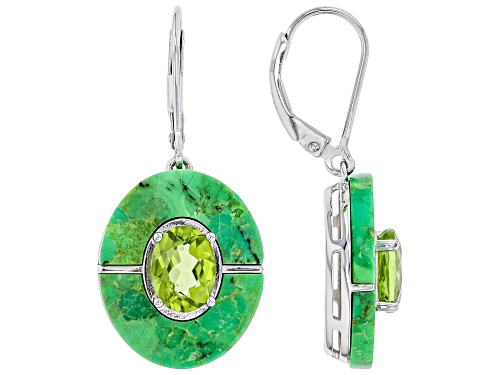 Photo of 2.21ctw Oval Manchurian Peridot(TM) and 16x4mm Green Turquoise Rhodium Over Silver Earrings