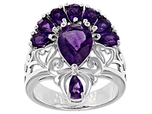 2.92ctw Pear Shape African Amethyst Rhodium Over Sterling Silver Ring - Size 8