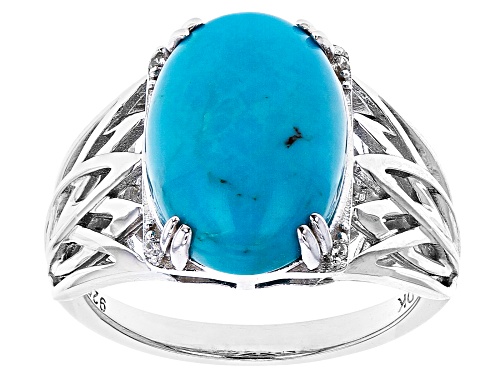 14x10mm Oval Cabochon Turquoise and .02ctw Round Zircon Rhodium Over Silver Ring - Size 8