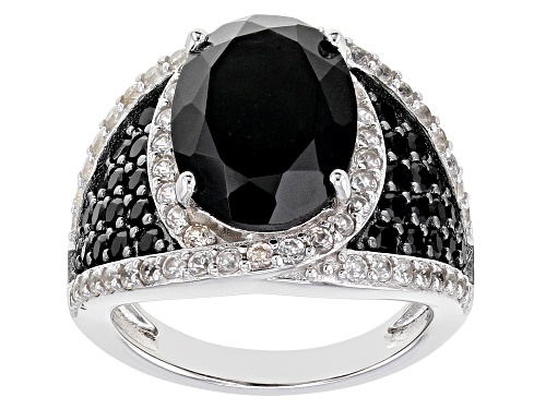 Photo of 5.86ct oval and 1.03ctw round black spinel with 1.16ctw zircon rhodium over sterling silver ring - Size 7