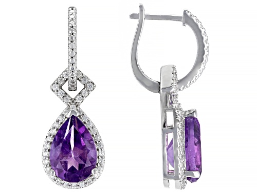 3.06ctw Pear Shaped African Amethyst with 0.44ctw Zircon Rhodium Over Silver Dangle Earrings