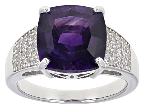 3.65ct cushion African amethyst with 0.44ctw white zircon rhodium over sterling silver ring - Size 7