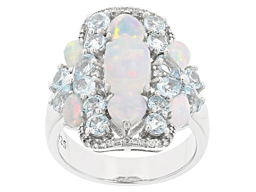 Photo of 1.64ctw Mixed Shapes Ethiopian Opal, 2.28ctw Glacier Topaz™ and Zircon Rhodium Over Silver Ring - Size 8