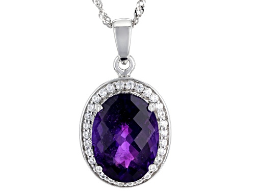 7.99ct Checkerboard Cut African Amethyst, .54ctw White Zircon Rhodium Over Silver Pendant with Chain